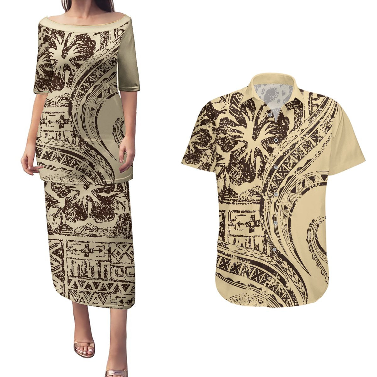 Hawaiian Hibiscus Tribal Vintage Motif Couples Matching Puletasi and Hawaiian Shirt Ver 3