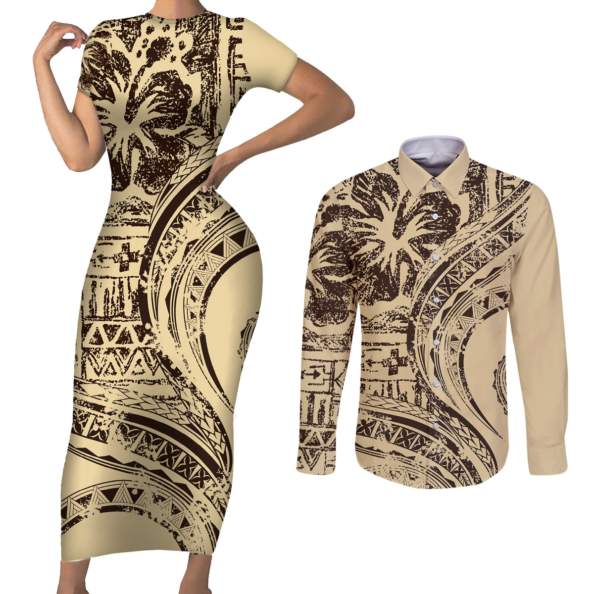 Hawaiian Hibiscus Tribal Vintage Motif Couples Matching Short Sleeve Bodycon Dress and Long Sleeve Button Shirt Ver 3