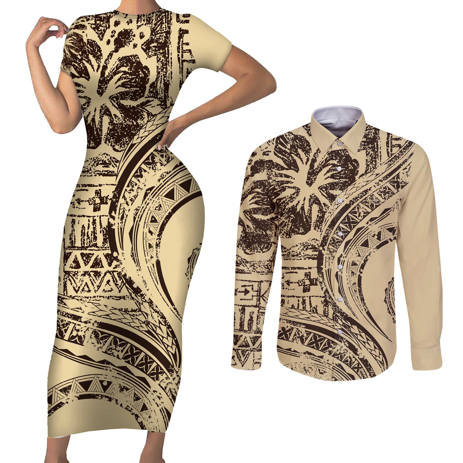 Hawaiian Hibiscus Tribal Vintage Motif Couples Matching Short Sleeve Bodycon Dress and Long Sleeve Button Shirt Ver 3 LT9 Beige - Polynesian Pride