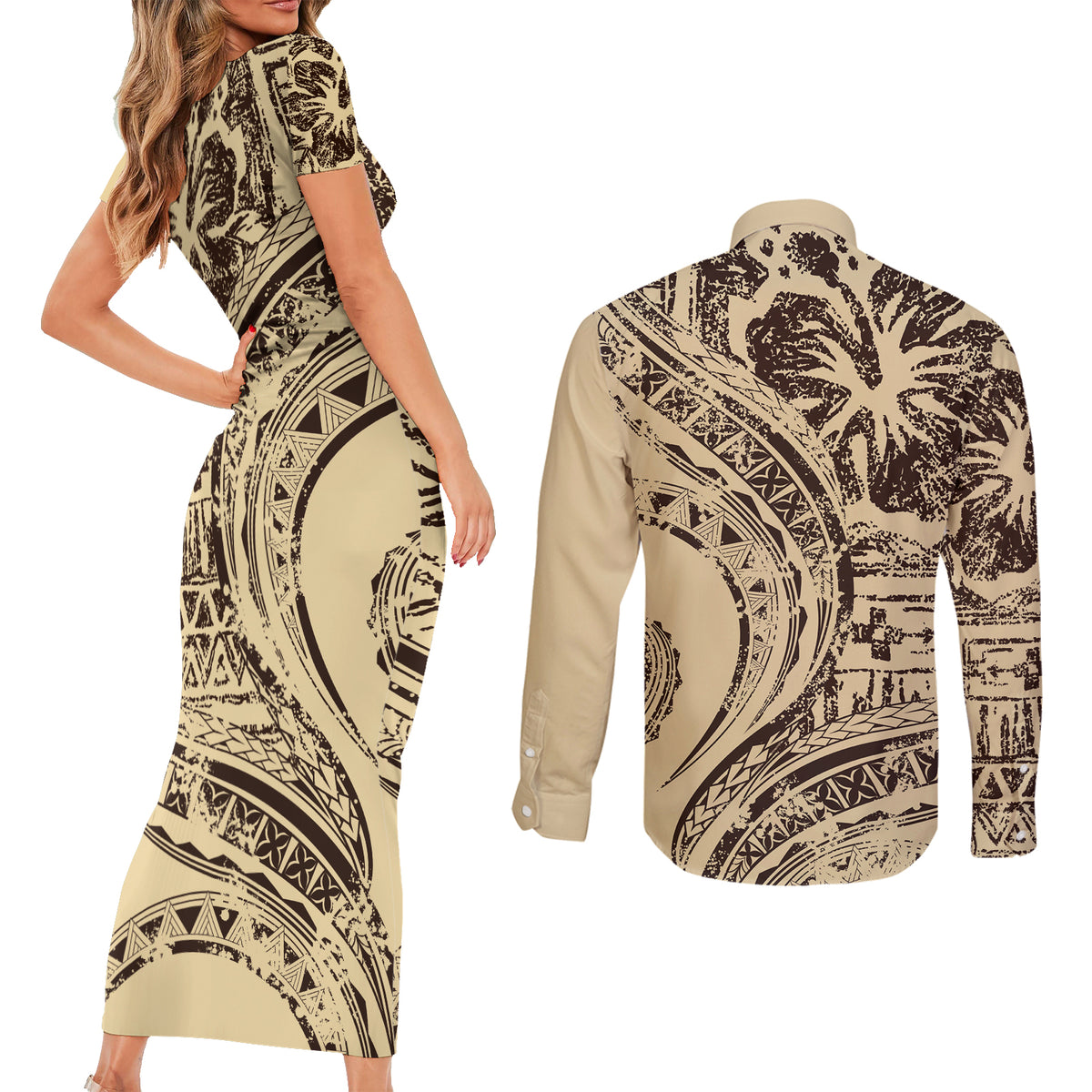 Hawaiian Hibiscus Tribal Vintage Motif Couples Matching Short Sleeve Bodycon Dress and Long Sleeve Button Shirt Ver 3