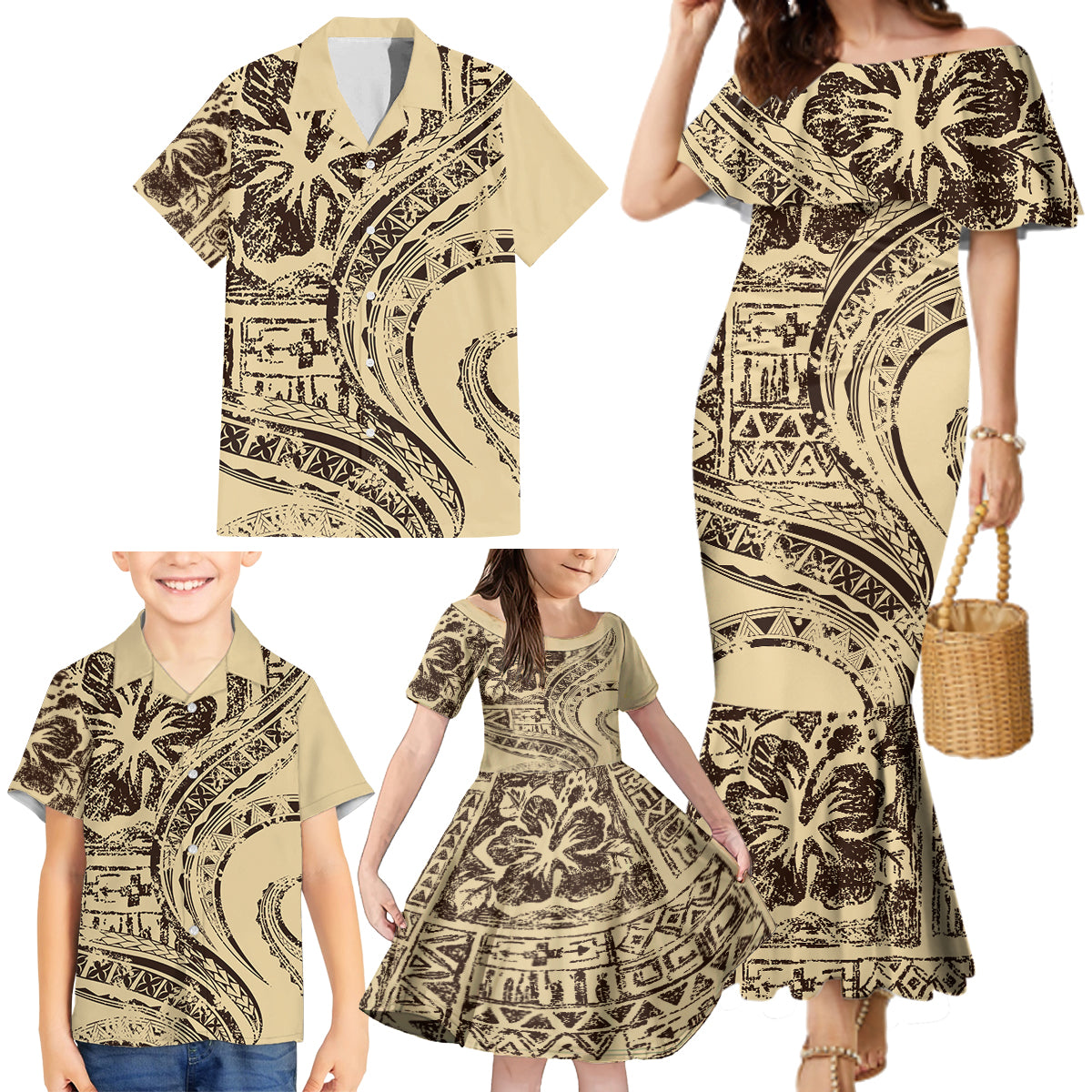 Hawaiian Hibiscus Tribal Vintage Motif Family Matching Mermaid Dress and Hawaiian Shirt Ver 3