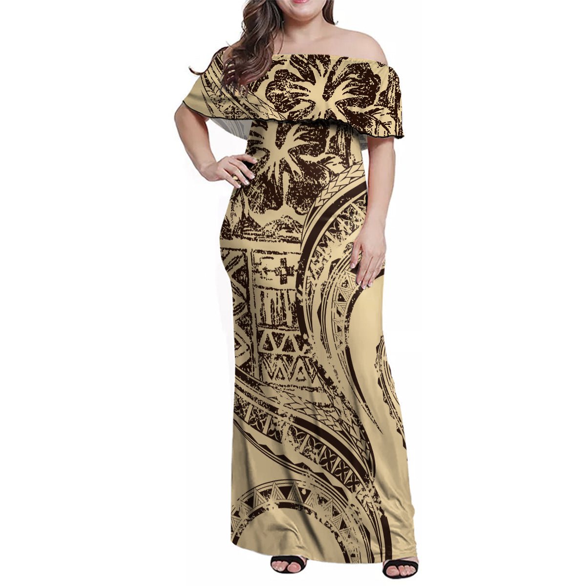 Hawaiian Hibiscus Tribal Vintage Motif Family Matching Off Shoulder Maxi Dress and Hawaiian Shirt Ver 3