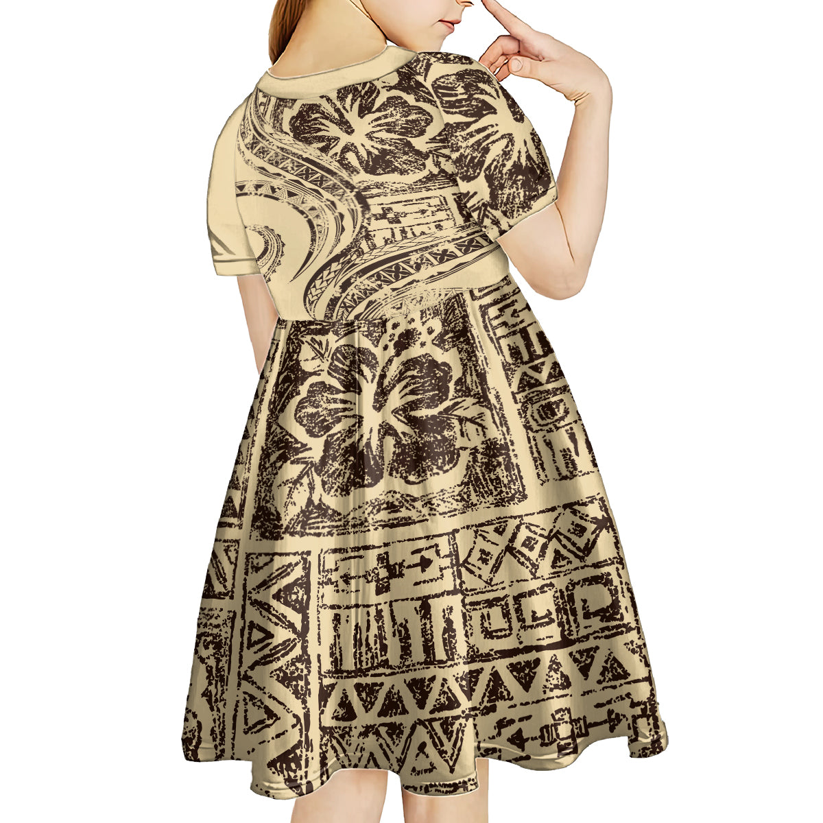 Hawaiian Hibiscus Tribal Vintage Motif Kid Short Sleeve Dress Ver 3