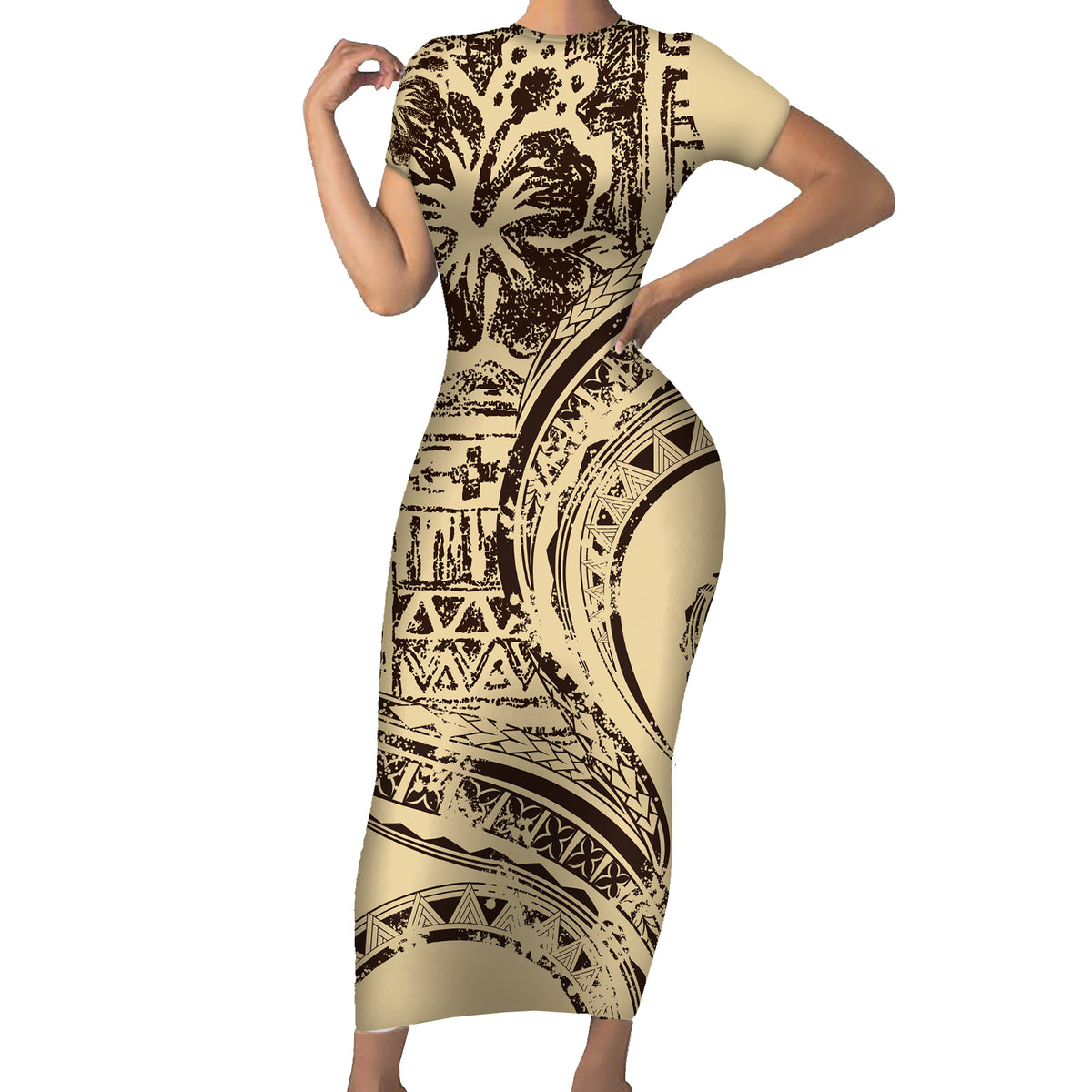 Hawaiian Hibiscus Tribal Vintage Motif Short Sleeve Bodycon Dress Ver 3 LT9 Long Dress Beige - Polynesian Pride