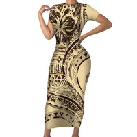 Hawaiian Hibiscus Tribal Vintage Motif Short Sleeve Bodycon Dress Ver 3 LT9 Long Dress Beige - Polynesian Pride