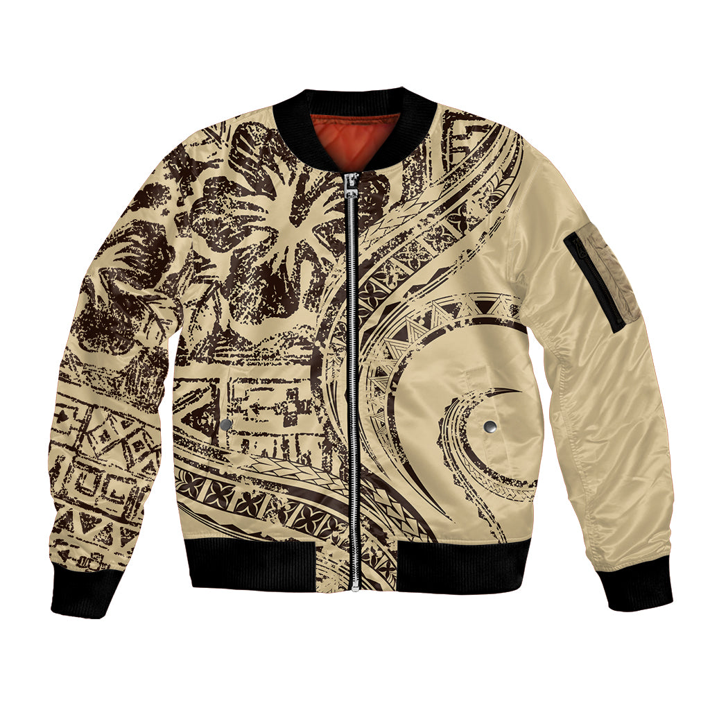 Hawaiian Hibiscus Tribal Vintage Motif Sleeve Zip Bomber Jacket Ver 3 LT9 Unisex Beige - Polynesian Pride