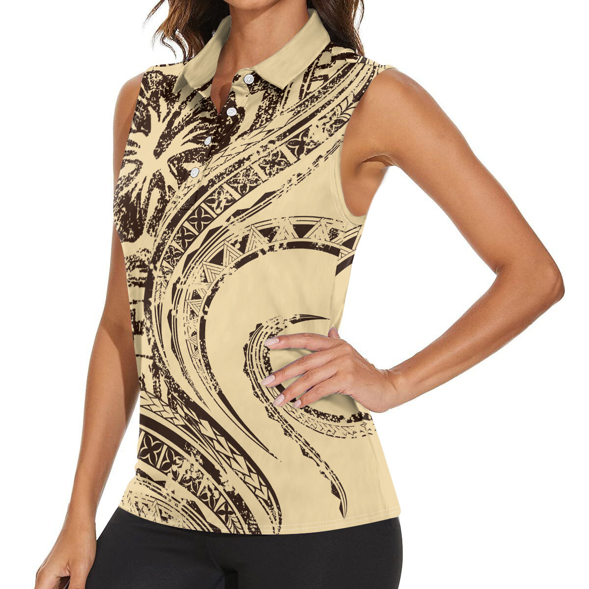 Hawaiian Hibiscus Tribal Vintage Motif Women Sleeveless Polo Shirt Ver 3