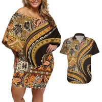Hawaiian Hibiscus Tribal Vintage Motif Couples Matching Off Shoulder Short Dress and Hawaiian Shirt Ver 4