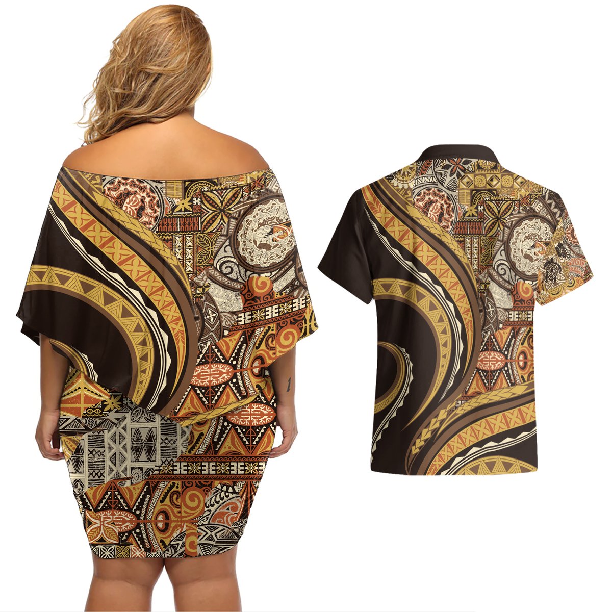 Hawaiian Hibiscus Tribal Vintage Motif Couples Matching Off Shoulder Short Dress and Hawaiian Shirt Ver 4