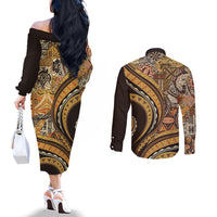 Hawaiian Hibiscus Tribal Vintage Motif Couples Matching Off The Shoulder Long Sleeve Dress and Long Sleeve Button Shirt Ver 4