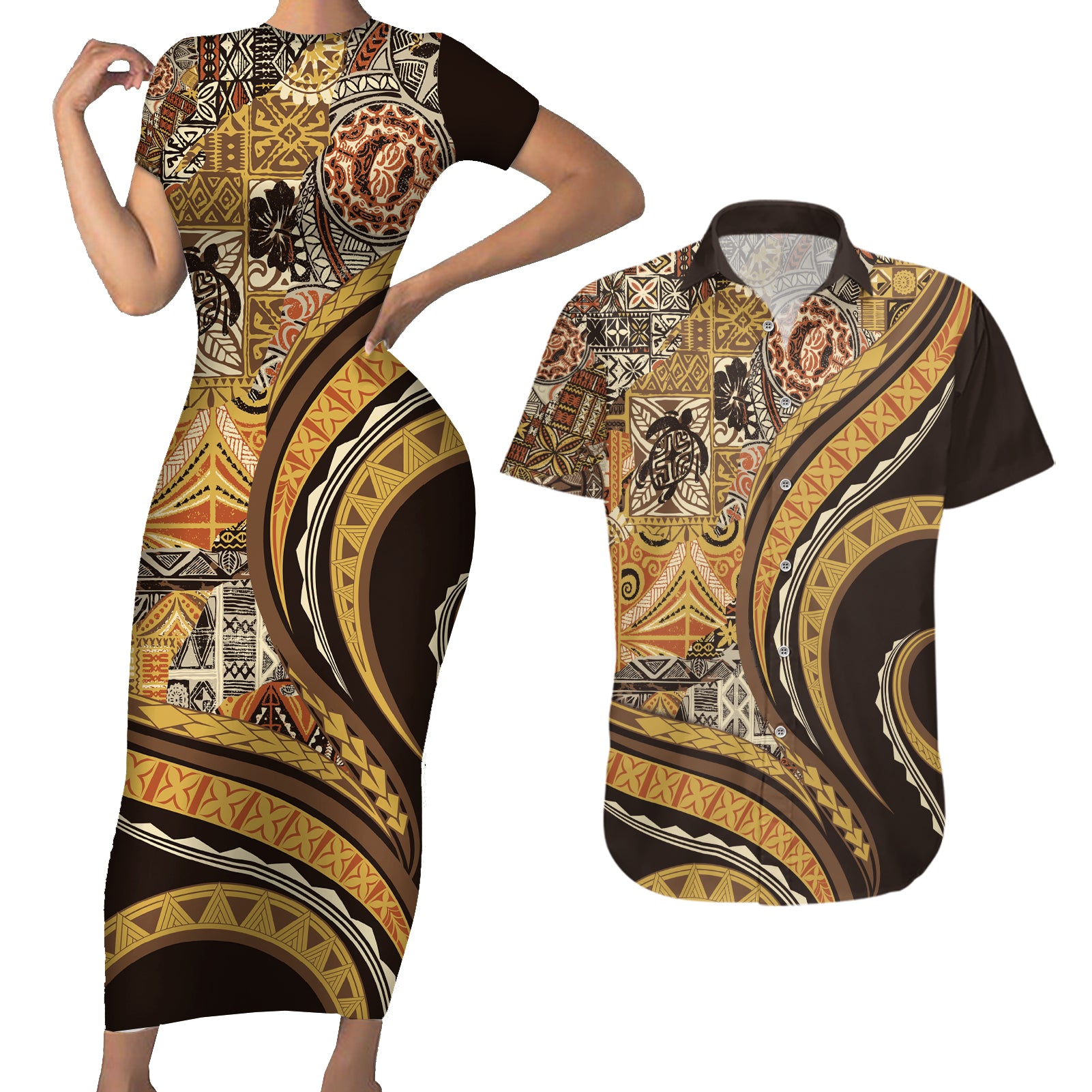 Hawaiian Hibiscus Tribal Vintage Motif Couples Matching Short Sleeve Bodycon Dress and Hawaiian Shirt Ver 4