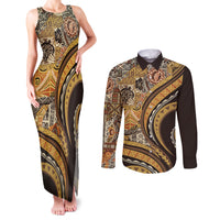Hawaiian Hibiscus Tribal Vintage Motif Couples Matching Tank Maxi Dress and Long Sleeve Button Shirt Ver 4 LT9 Gold - Polynesian Pride
