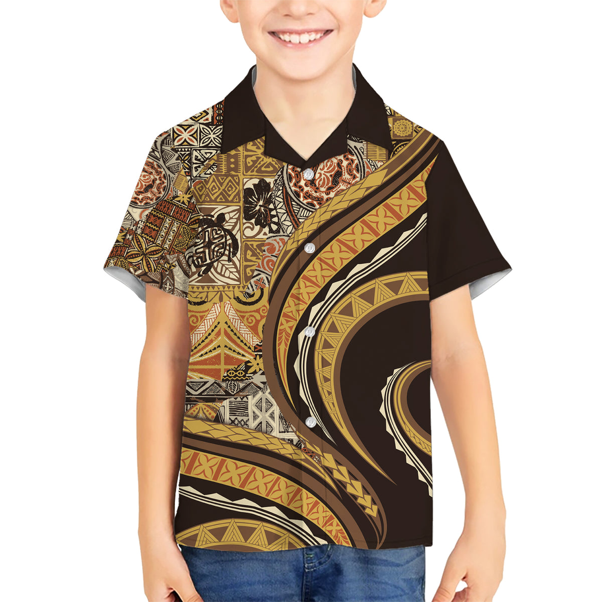 Hawaiian Hibiscus Tribal Vintage Motif Family Matching Short Sleeve Bodycon Dress and Hawaiian Shirt Ver 4