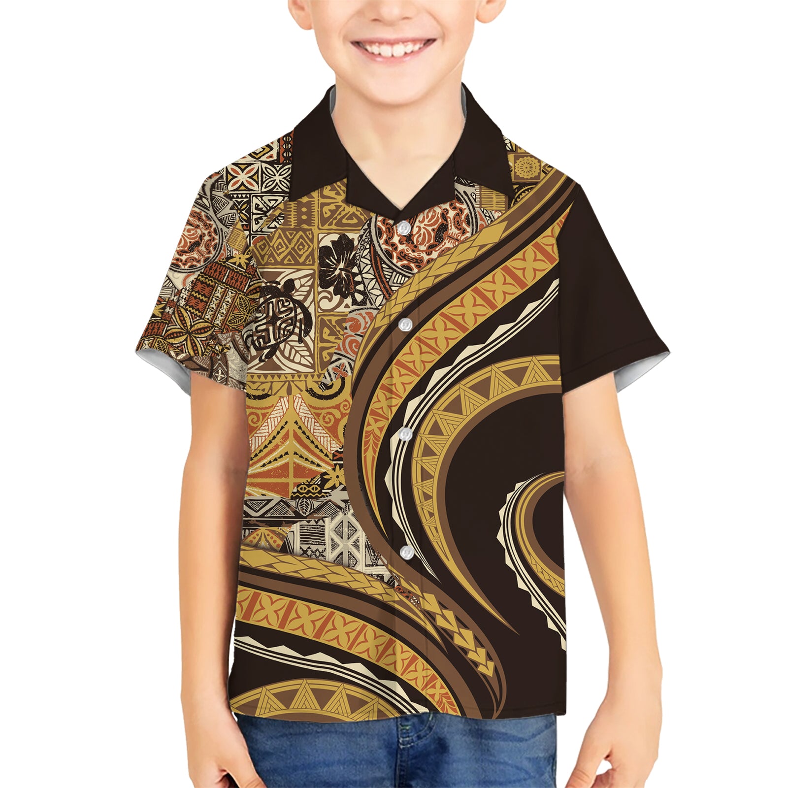 Hawaiian Hibiscus Tribal Vintage Motif Kid Hawaiian Shirt Ver 4 LT9 Kid Gold - Polynesian Pride