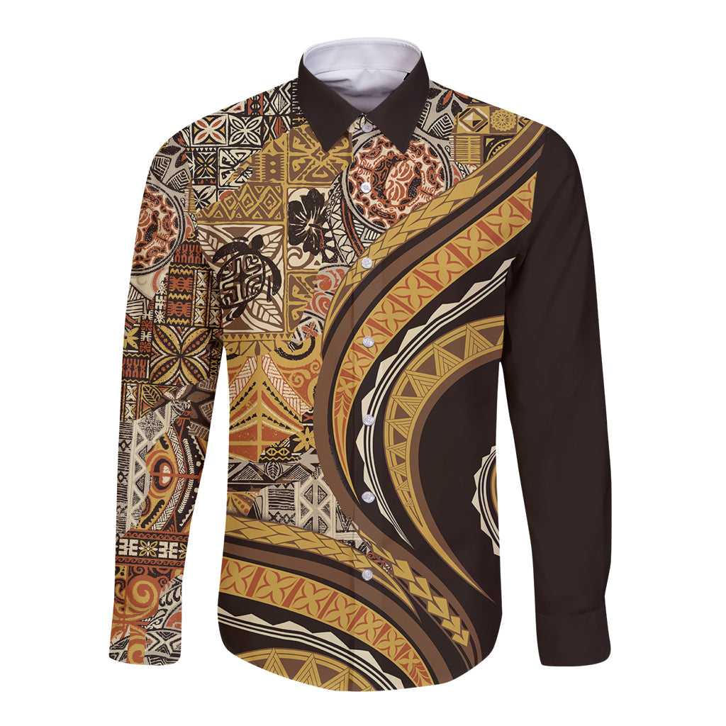 Hawaiian Hibiscus Tribal Vintage Motif Long Sleeve Button Shirt Ver 4