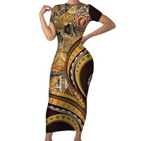 Hawaiian Hibiscus Tribal Vintage Motif Short Sleeve Bodycon Dress Ver 4 LT9 Long Dress Gold - Polynesian Pride
