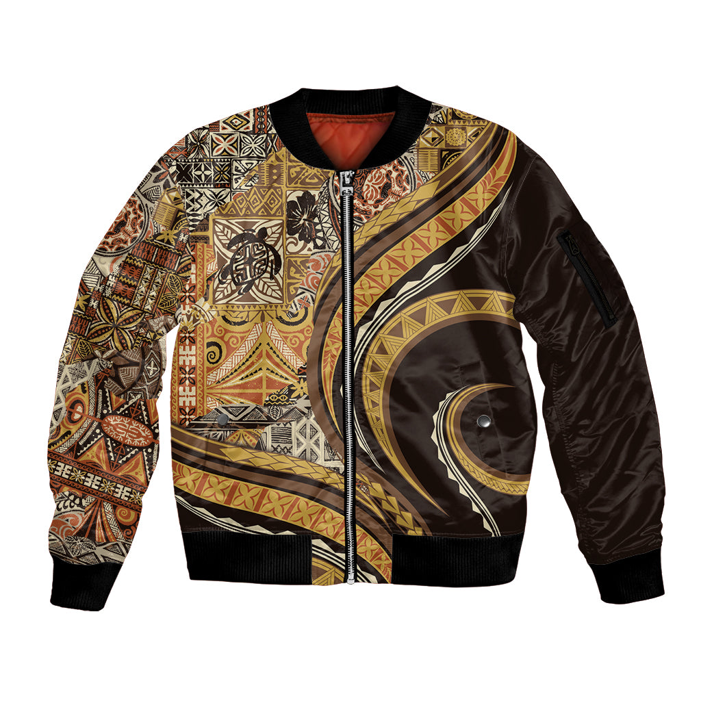 Hawaiian Hibiscus Tribal Vintage Motif Sleeve Zip Bomber Jacket Ver 4 LT9 Unisex Gold - Polynesian Pride