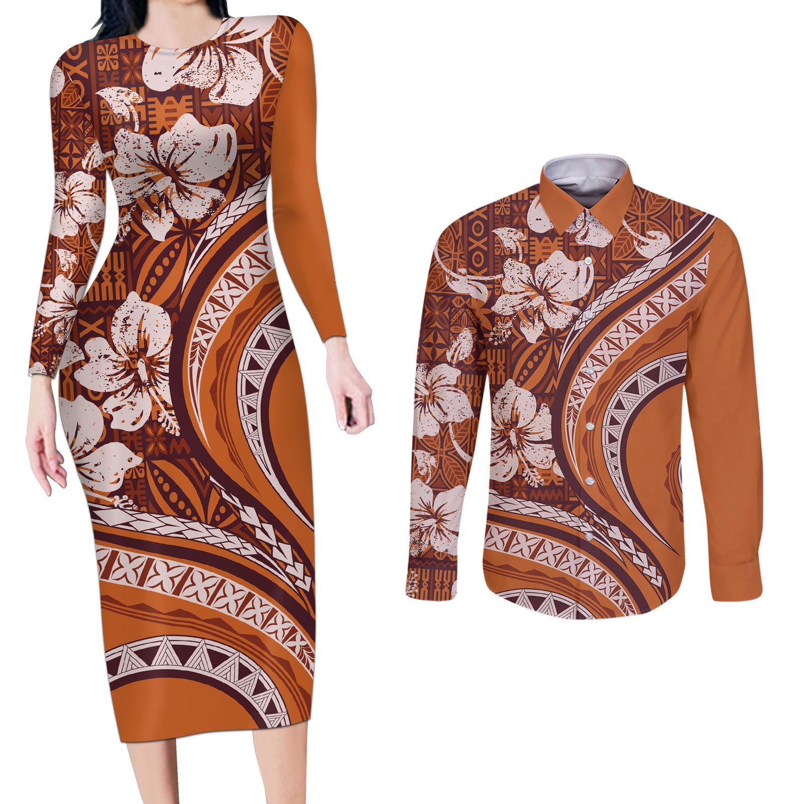 Hawaiian Hibiscus Tribal Vintage Motif Couples Matching Long Sleeve Bodycon Dress and Long Sleeve Button Shirt Ver 5 LT9 Gold - Polynesian Pride