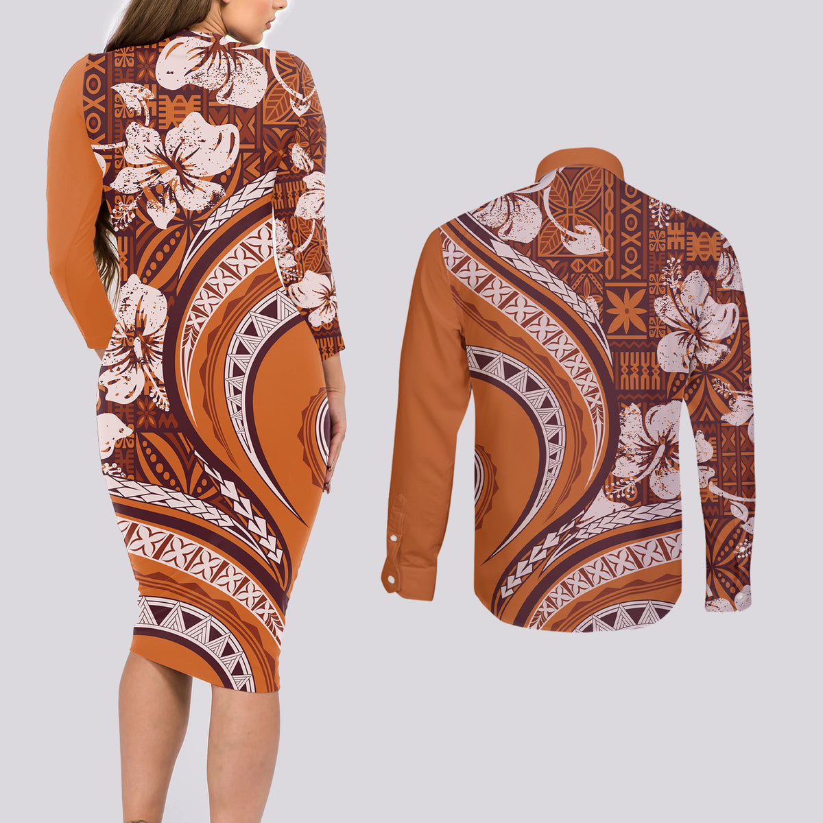 Hawaiian Hibiscus Tribal Vintage Motif Couples Matching Long Sleeve Bodycon Dress and Long Sleeve Button Shirt Ver 5