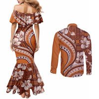 Hawaiian Hibiscus Tribal Vintage Motif Couples Matching Mermaid Dress and Long Sleeve Button Shirt Ver 5