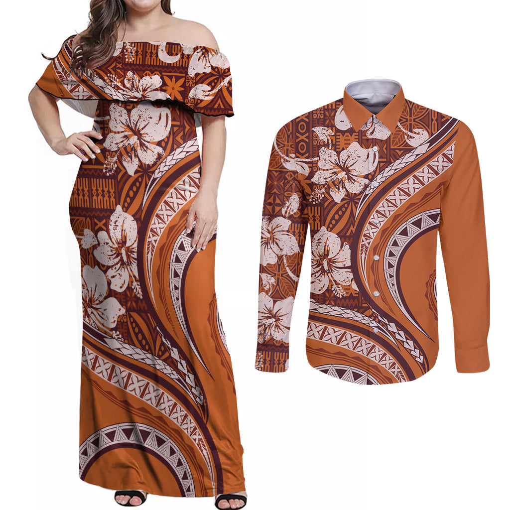 Hawaiian Hibiscus Tribal Vintage Motif Couples Matching Off Shoulder Maxi Dress and Long Sleeve Button Shirt Ver 5 LT9 Gold - Polynesian Pride