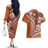 Hawaiian Hibiscus Tribal Vintage Motif Couples Matching Off The Shoulder Long Sleeve Dress and Hawaiian Shirt Ver 5