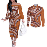 Hawaiian Hibiscus Tribal Vintage Motif Couples Matching Off The Shoulder Long Sleeve Dress and Long Sleeve Button Shirt Ver 5