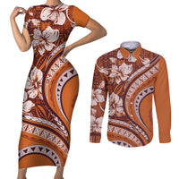 Hawaiian Hibiscus Tribal Vintage Motif Couples Matching Short Sleeve Bodycon Dress and Long Sleeve Button Shirt Ver 5