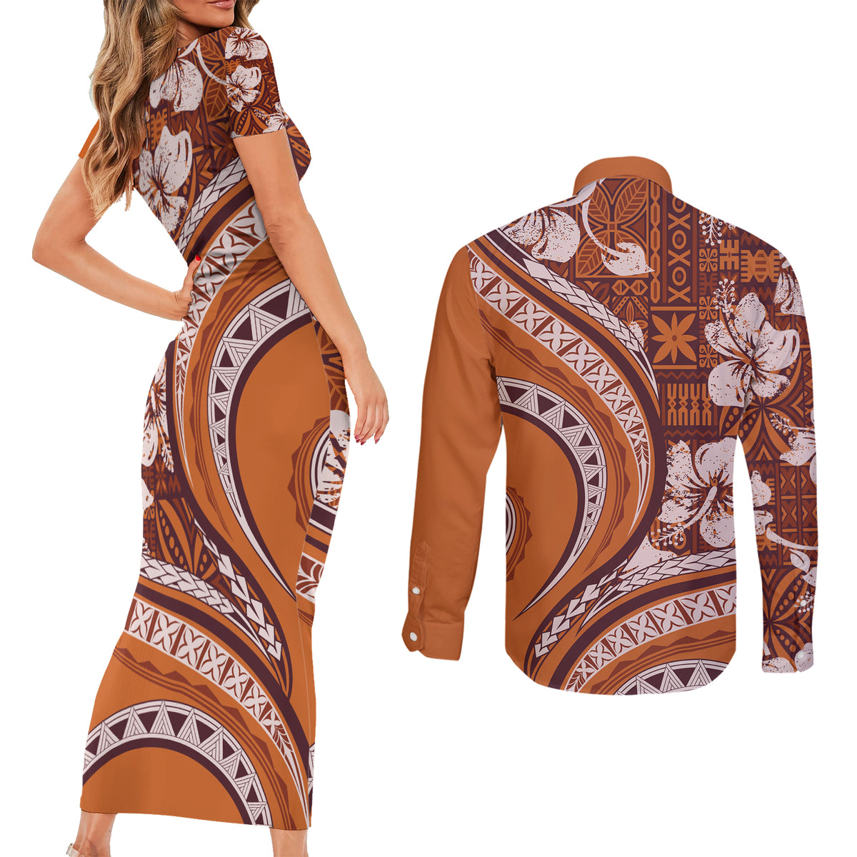 Hawaiian Hibiscus Tribal Vintage Motif Couples Matching Short Sleeve Bodycon Dress and Long Sleeve Button Shirt Ver 5