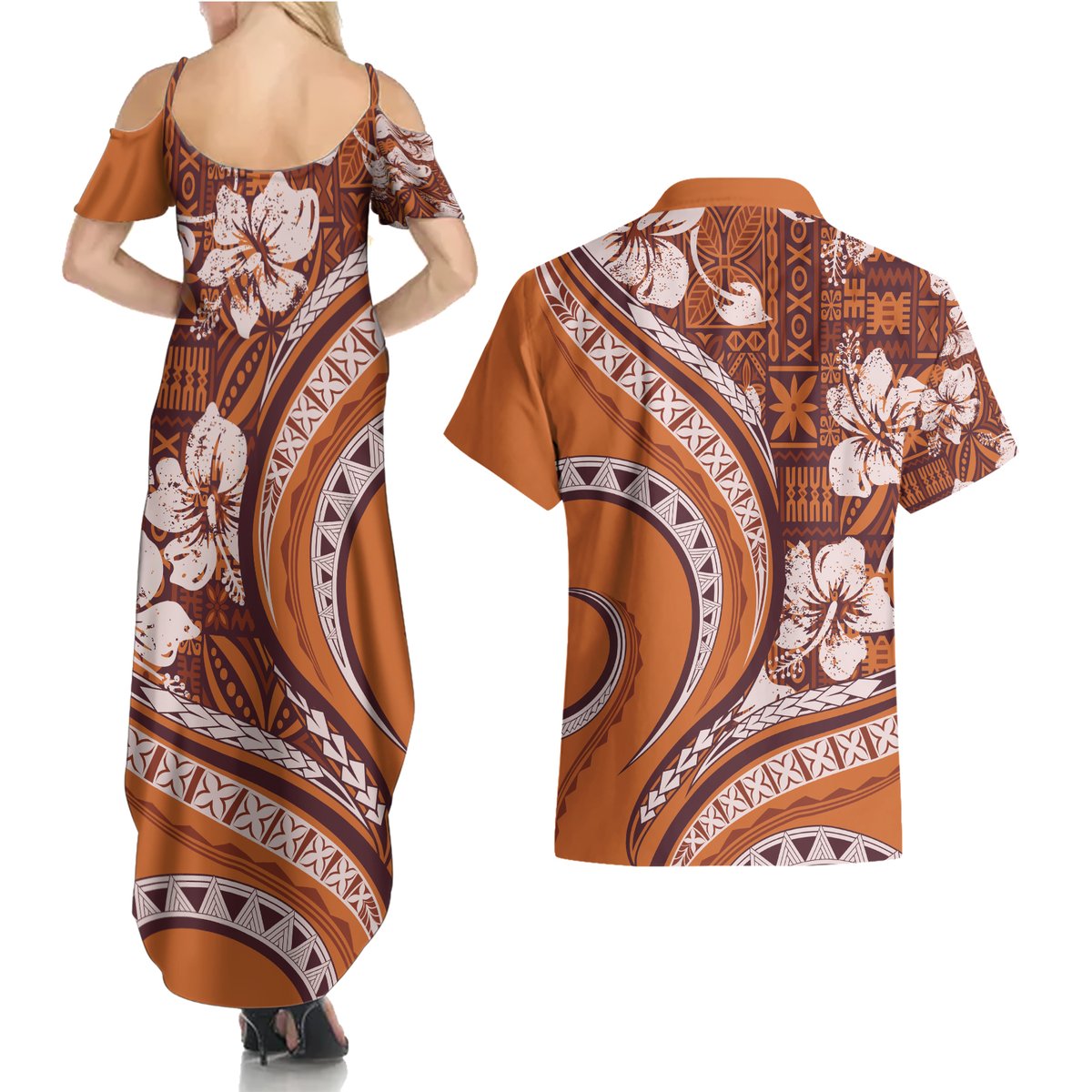 Hawaiian Hibiscus Tribal Vintage Motif Couples Matching Summer Maxi Dress and Hawaiian Shirt Ver 5