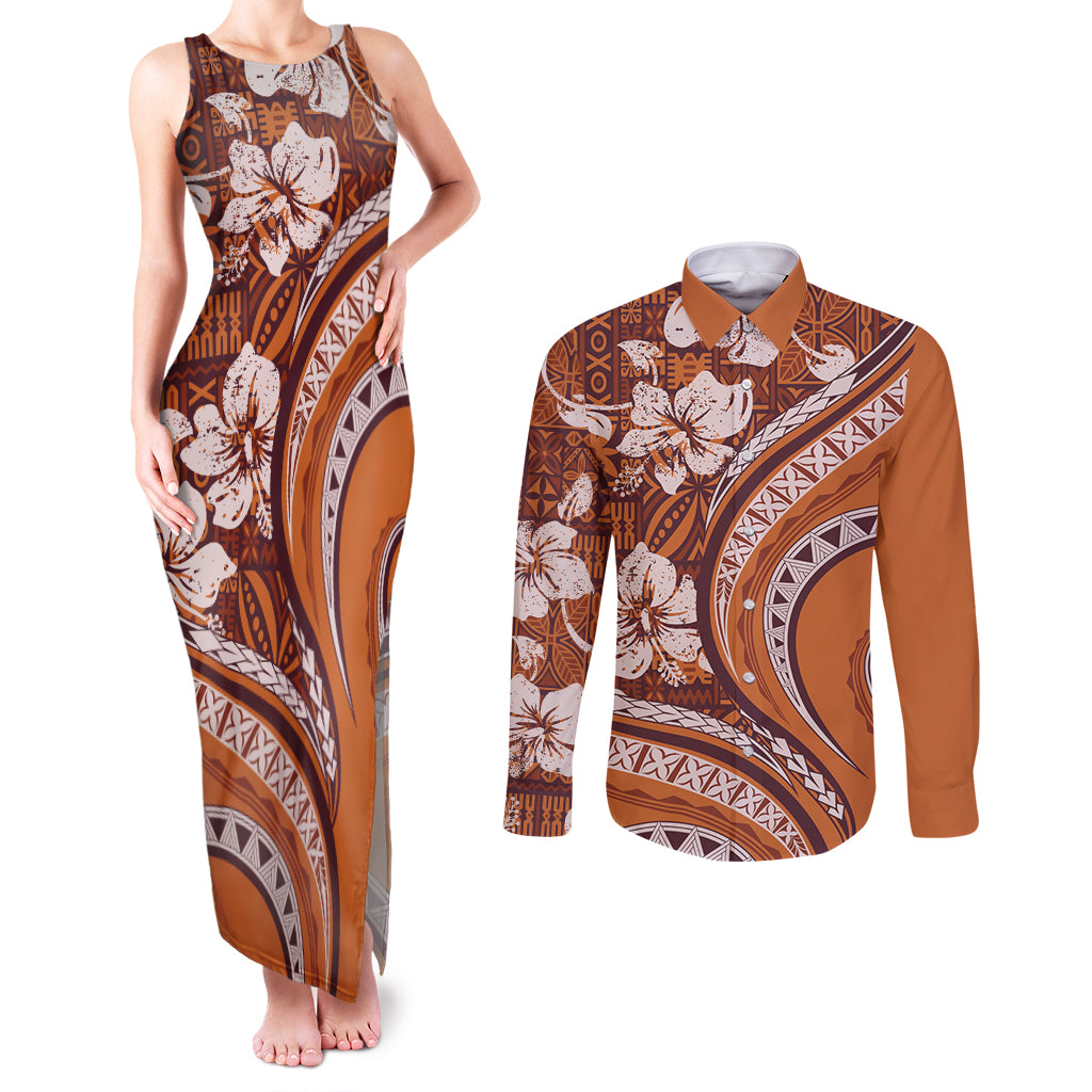 Hawaiian Hibiscus Tribal Vintage Motif Couples Matching Tank Maxi Dress and Long Sleeve Button Shirt Ver 5 LT9 Gold - Polynesian Pride