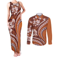 Hawaiian Hibiscus Tribal Vintage Motif Couples Matching Tank Maxi Dress and Long Sleeve Button Shirt Ver 5 LT9 Gold - Polynesian Pride