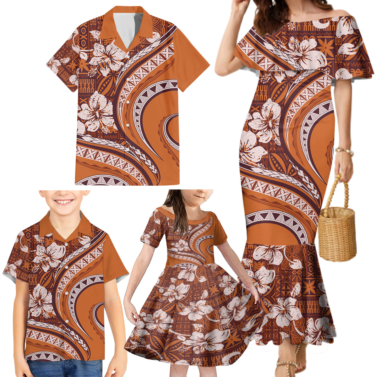 Hawaiian Hibiscus Tribal Vintage Motif Family Matching Mermaid Dress and Hawaiian Shirt Ver 5