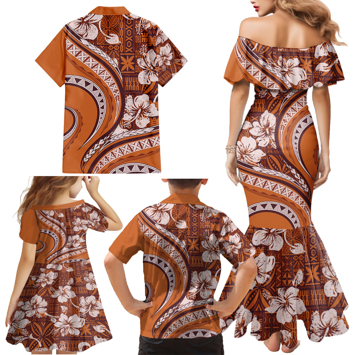 Hawaiian Hibiscus Tribal Vintage Motif Family Matching Mermaid Dress and Hawaiian Shirt Ver 5