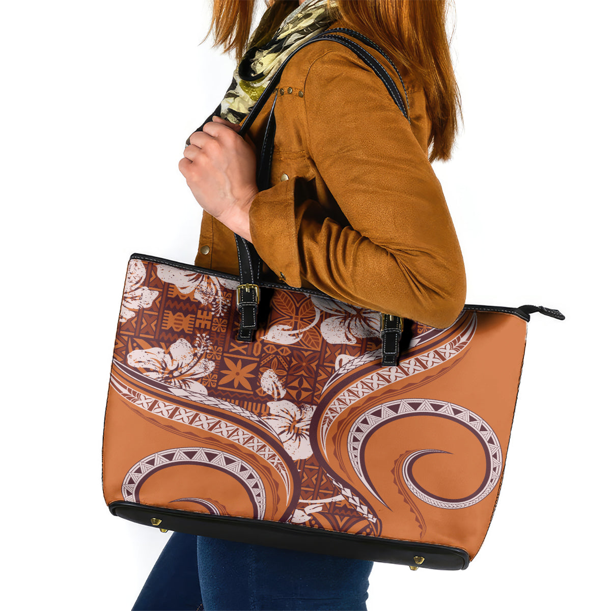 Hawaiian Hibiscus Tribal Vintage Motif Leather Tote Bag Ver 5 LT9 Gold - Polynesian Pride