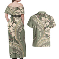 Hawaiian Hibiscus Tribal Vintage Motif Couples Matching Off Shoulder Maxi Dress and Hawaiian Shirt Ver 6