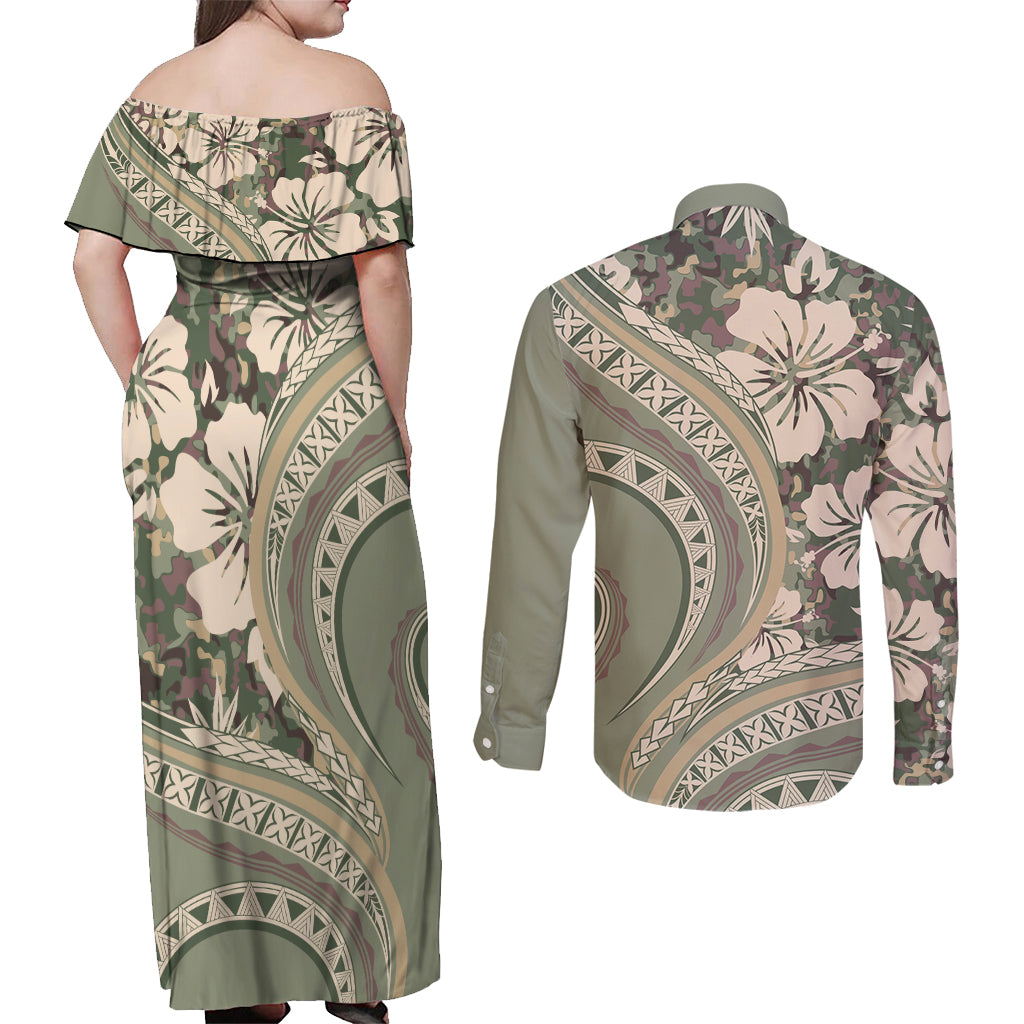 Hawaiian Hibiscus Tribal Vintage Motif Couples Matching Off Shoulder Maxi Dress and Long Sleeve Button Shirt Ver 6 LT9 - Polynesian Pride