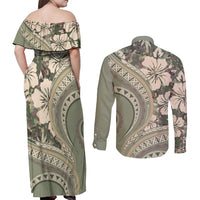 Hawaiian Hibiscus Tribal Vintage Motif Couples Matching Off Shoulder Maxi Dress and Long Sleeve Button Shirt Ver 6 LT9 - Polynesian Pride