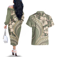 Hawaiian Hibiscus Tribal Vintage Motif Couples Matching Off The Shoulder Long Sleeve Dress and Hawaiian Shirt Ver 6
