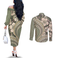 Hawaiian Hibiscus Tribal Vintage Motif Couples Matching Off The Shoulder Long Sleeve Dress and Long Sleeve Button Shirt Ver 6