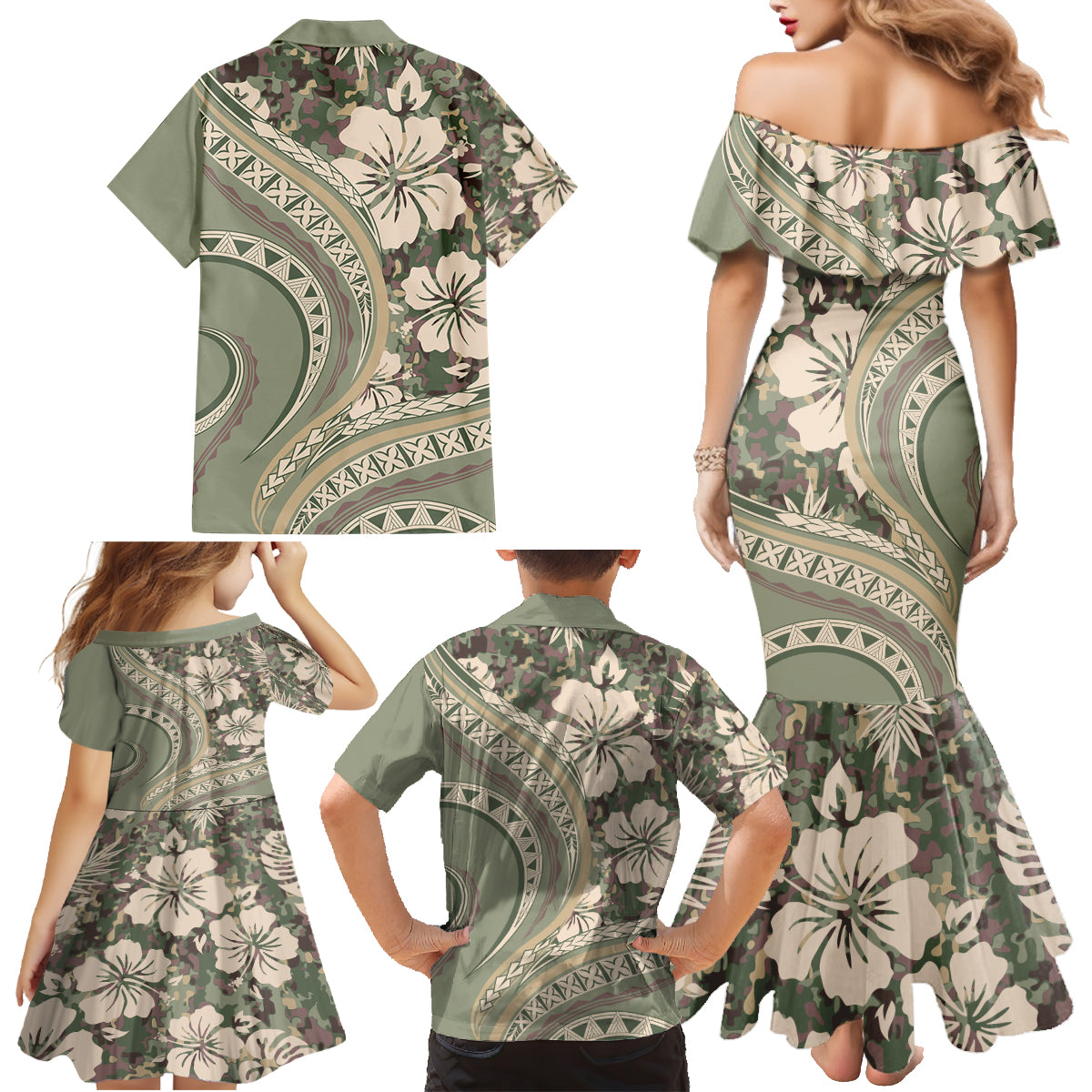 Hawaiian Hibiscus Tribal Vintage Motif Family Matching Mermaid Dress and Hawaiian Shirt Ver 6