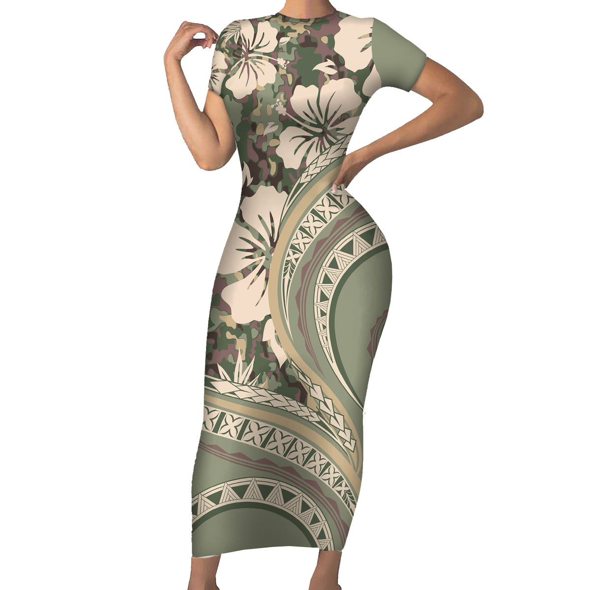 Hawaiian Hibiscus Tribal Vintage Motif Family Matching Short Sleeve Bodycon Dress and Hawaiian Shirt Ver 6
