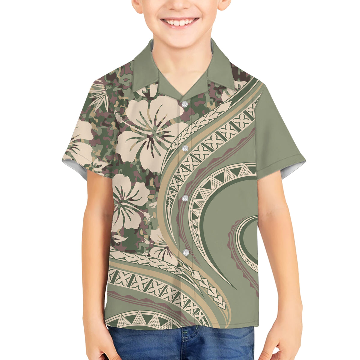 Hawaiian Hibiscus Tribal Vintage Motif Kid Hawaiian Shirt Ver 6 LT9 Kid Green Pastel - Polynesian Pride