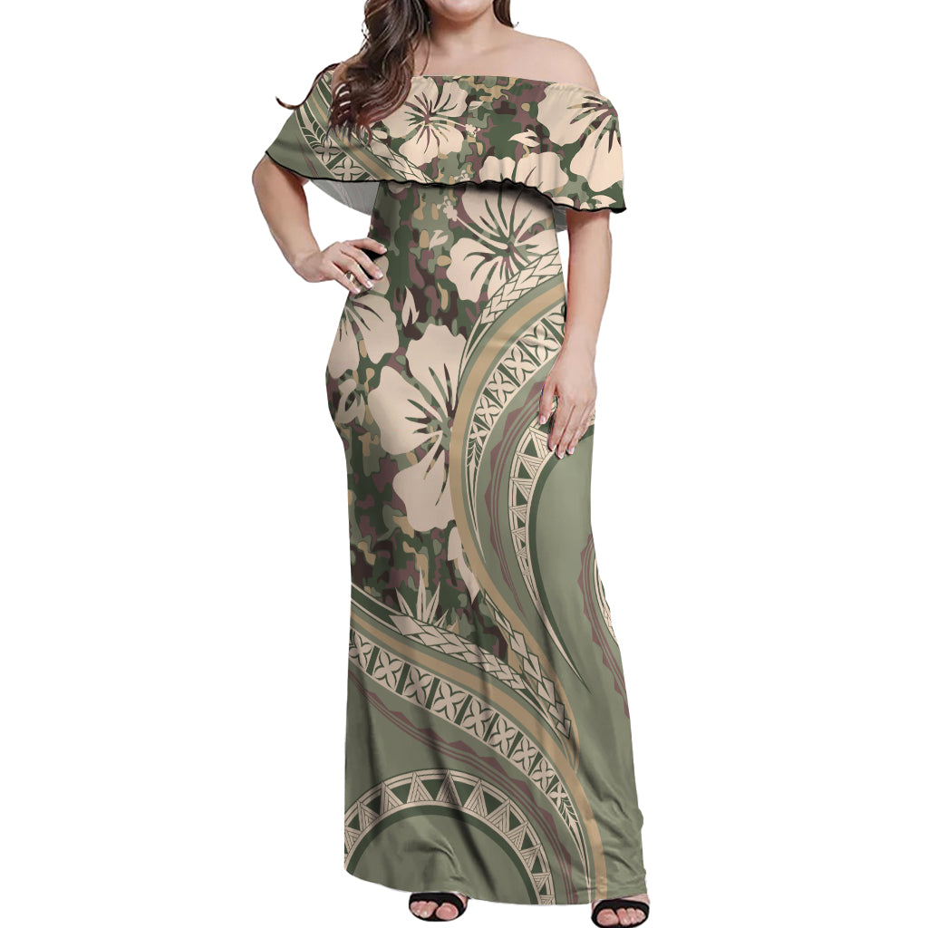 Hawaiian Hibiscus Tribal Vintage Motif Off Shoulder Maxi Dress Ver 6
