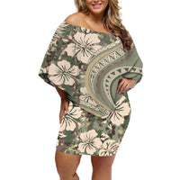 Hawaiian Hibiscus Tribal Vintage Motif Off Shoulder Short Dress Ver 6 LT9 Women Green Pastel - Polynesian Pride