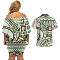 Hawaiian Hibiscus Tribal Vintage Motif Couples Matching Off Shoulder Short Dress and Hawaiian Shirt Ver 7