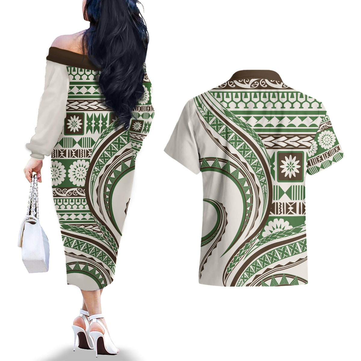 Hawaiian Hibiscus Tribal Vintage Motif Couples Matching Off The Shoulder Long Sleeve Dress and Hawaiian Shirt Ver 7