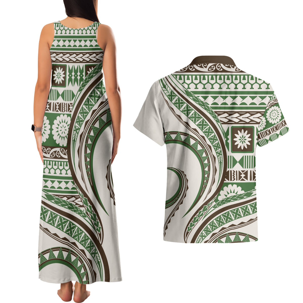 Hawaiian Hibiscus Tribal Vintage Motif Couples Matching Tank Maxi Dress and Hawaiian Shirt Ver 7