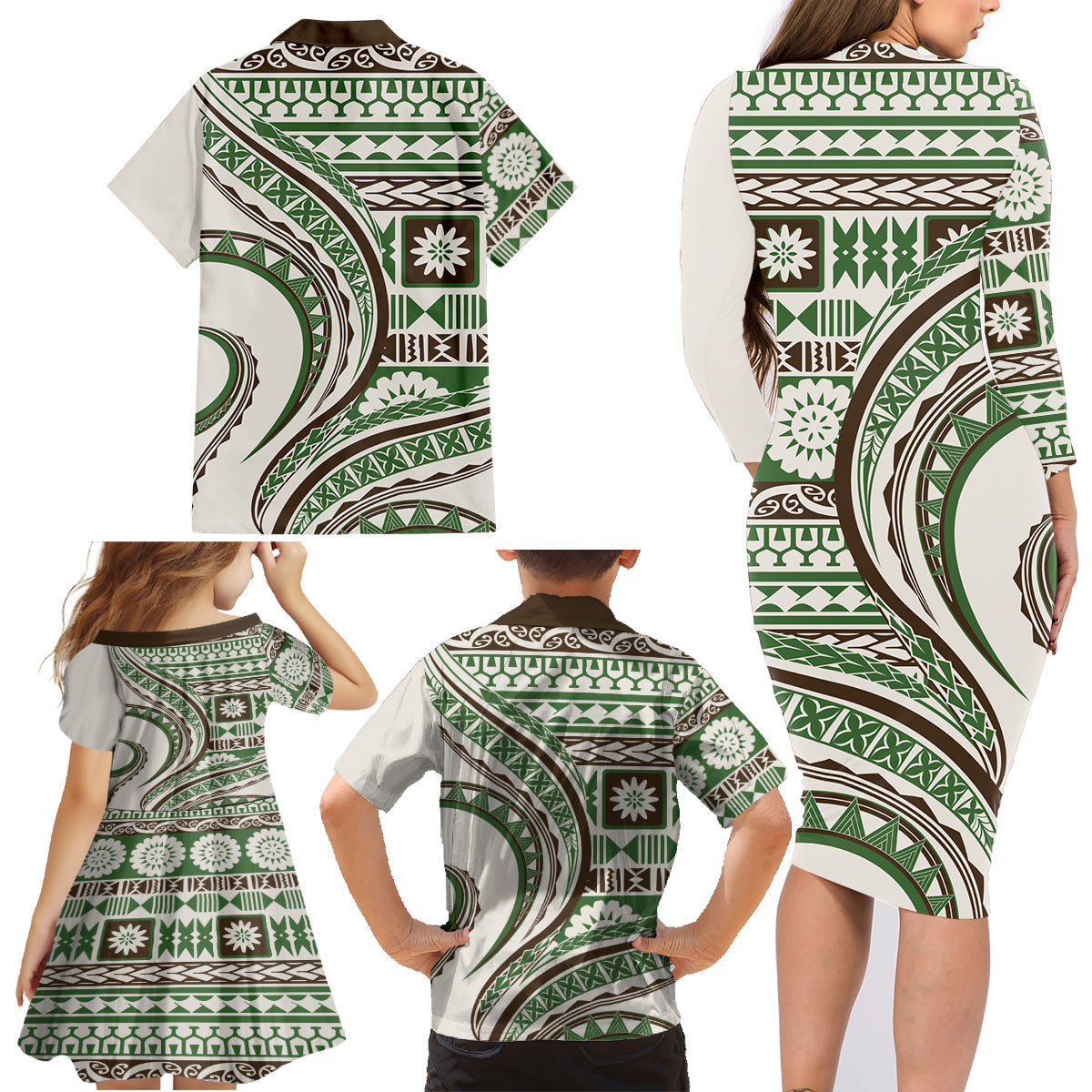 Hawaiian Hibiscus Tribal Vintage Motif Family Matching Long Sleeve Bodycon Dress and Hawaiian Shirt Ver 7