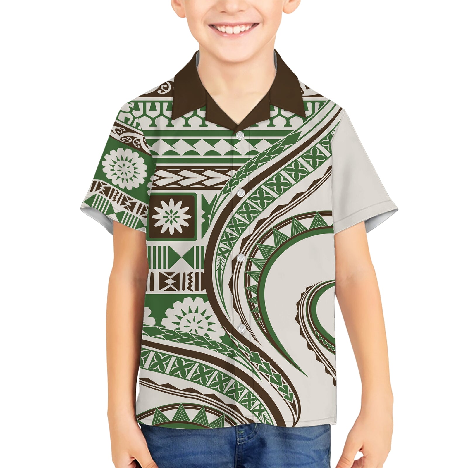 Hawaiian Hibiscus Tribal Vintage Motif Kid Hawaiian Shirt Ver 7 LT9 Kid Green - Polynesian Pride